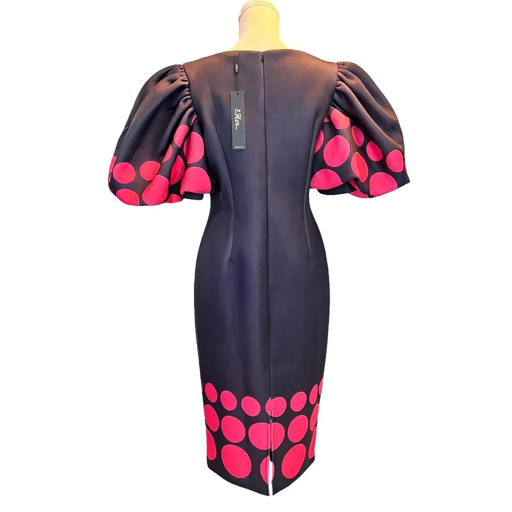 #A103  For Her NYC Black Vintage  Fuchsia Polka Dot Puff Sleeve Dress NWT M
